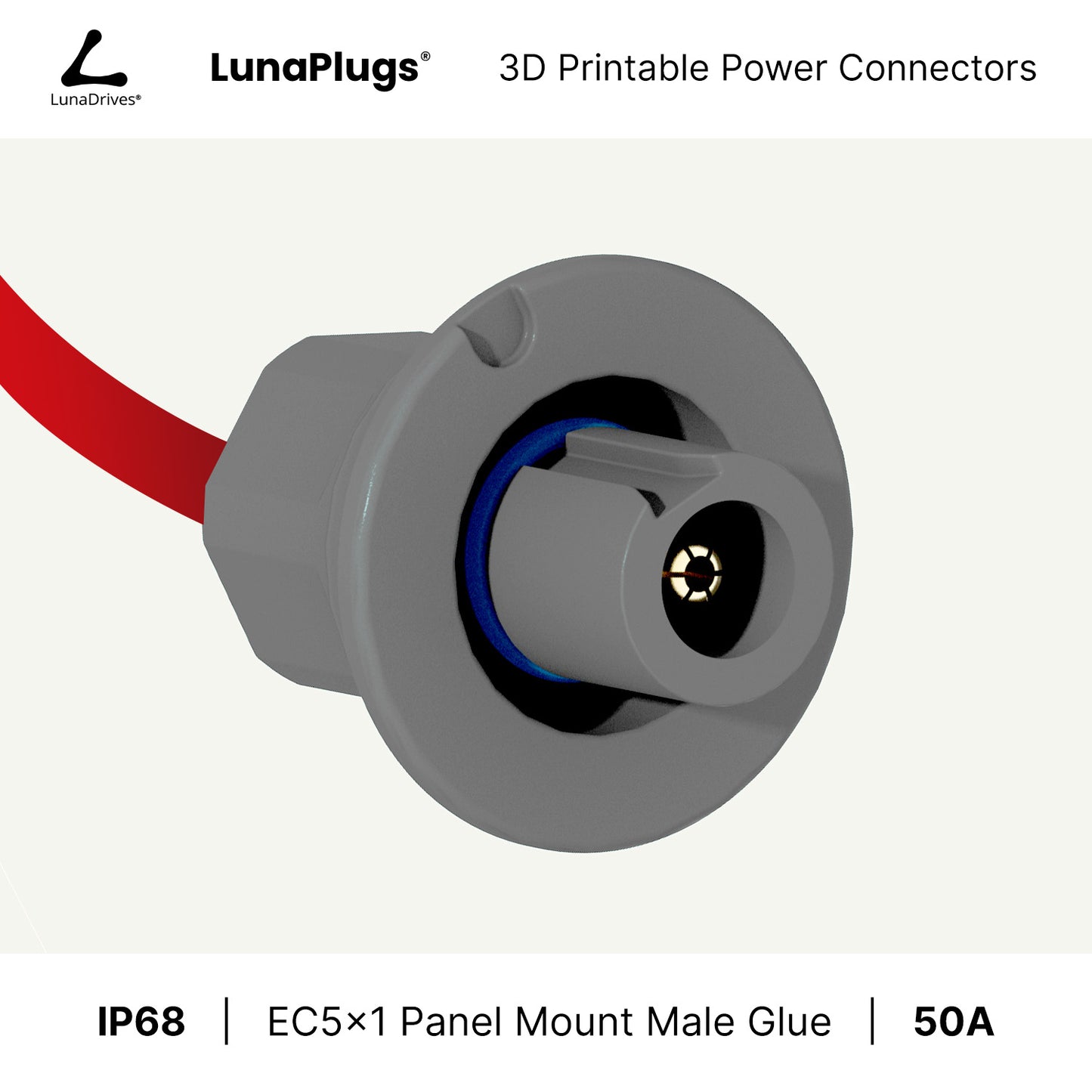 EC5x1 - 50 Amps, IP68 - Panel Mount Male - Glue and Screw Options Connector - LunaDrives®
