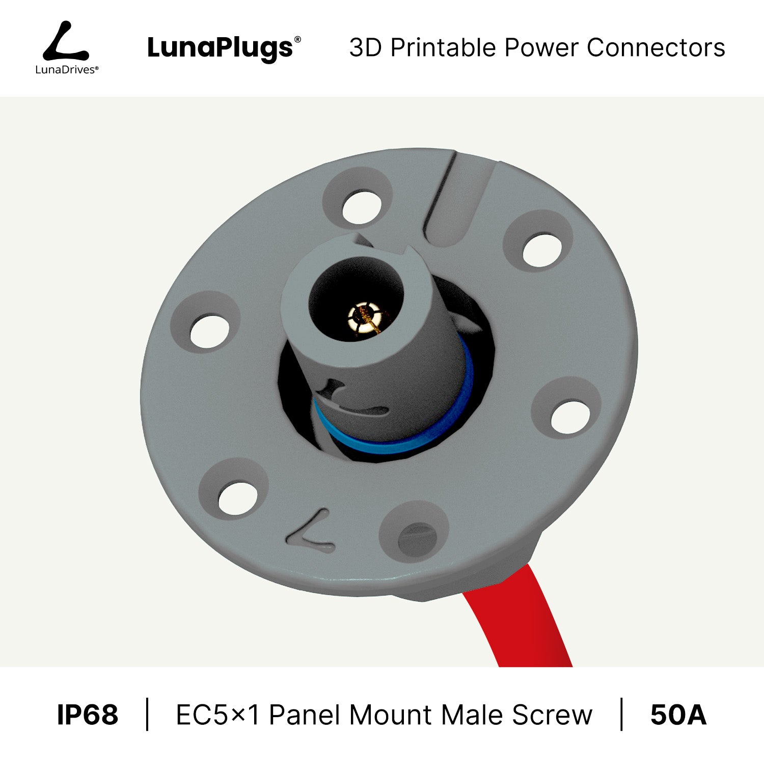 EC5x1 - 50 Amps, IP68 - Panel Mount Male - Glue and Screw Options Connector - LunaDrives®