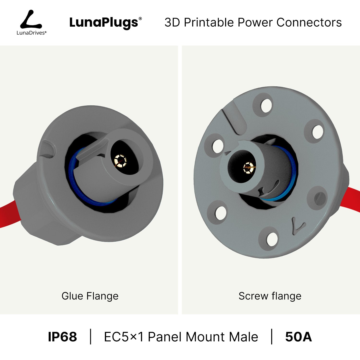 EC5x1 - 50 Amps, IP68 - Panel Mount Male - Glue and Screw Options Connector - LunaDrives®