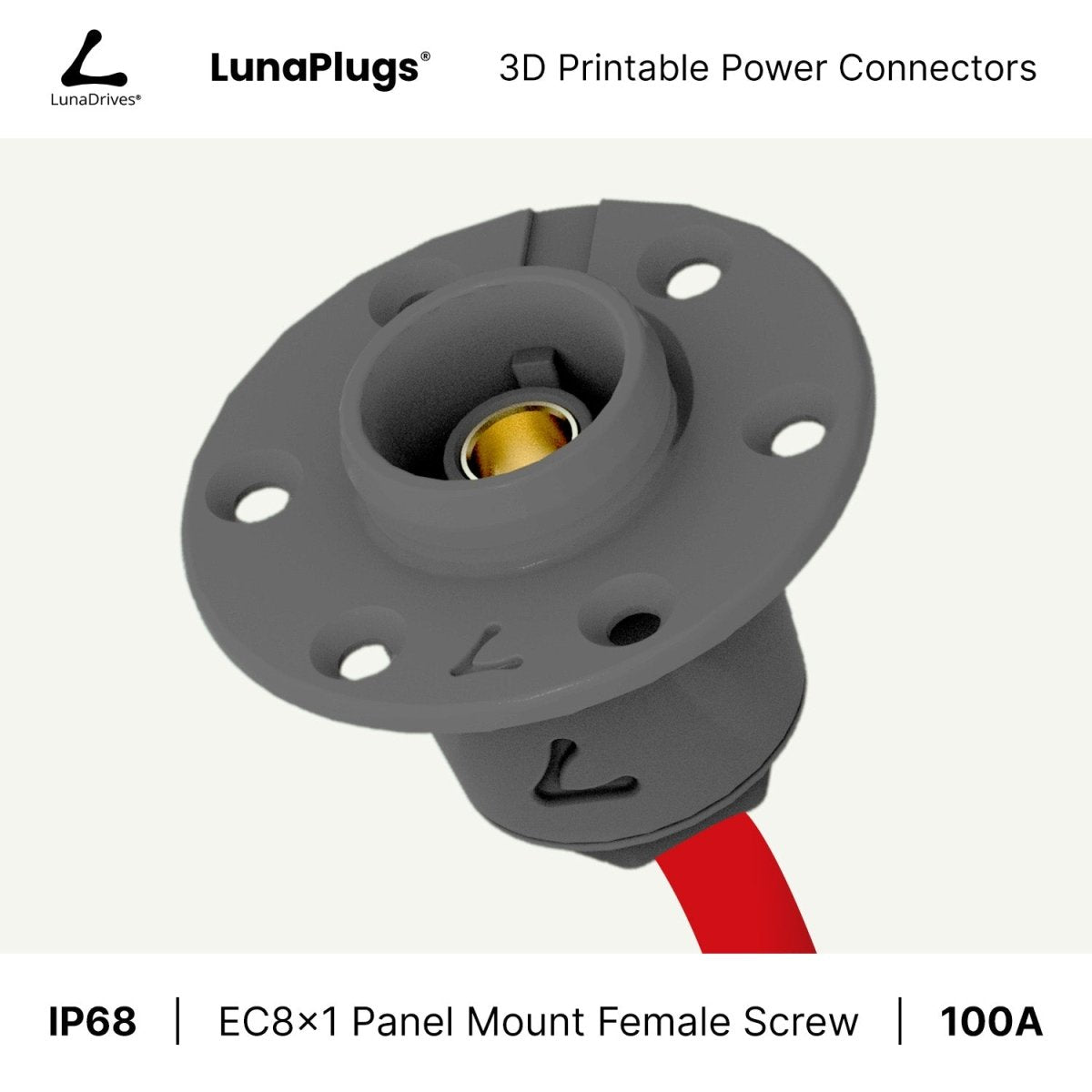 EC8x1 - 100 Amps, IP68 - Panel Mount Female - Glue and Screw Options Connector - LunaDrives®