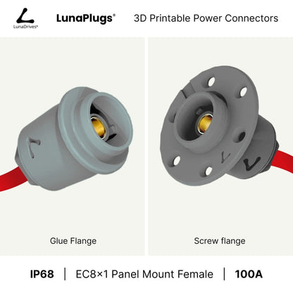 EC8x1 - 100 Amps, IP68 - Panel Mount Female - Glue and Screw Options Connector - LunaDrives®