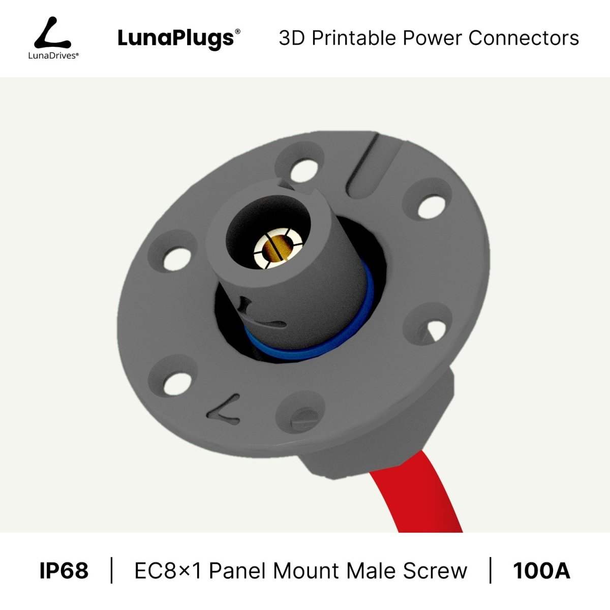 EC8x1 - 100 Amps, IP68 - Panel Mount Male - Glue and Screw Options Connector - LunaDrives®