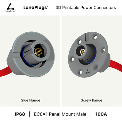 EC8x1 - 100 Amps, IP68 - Panel Mount Male - Glue and Screw Options Connector - LunaDrives®