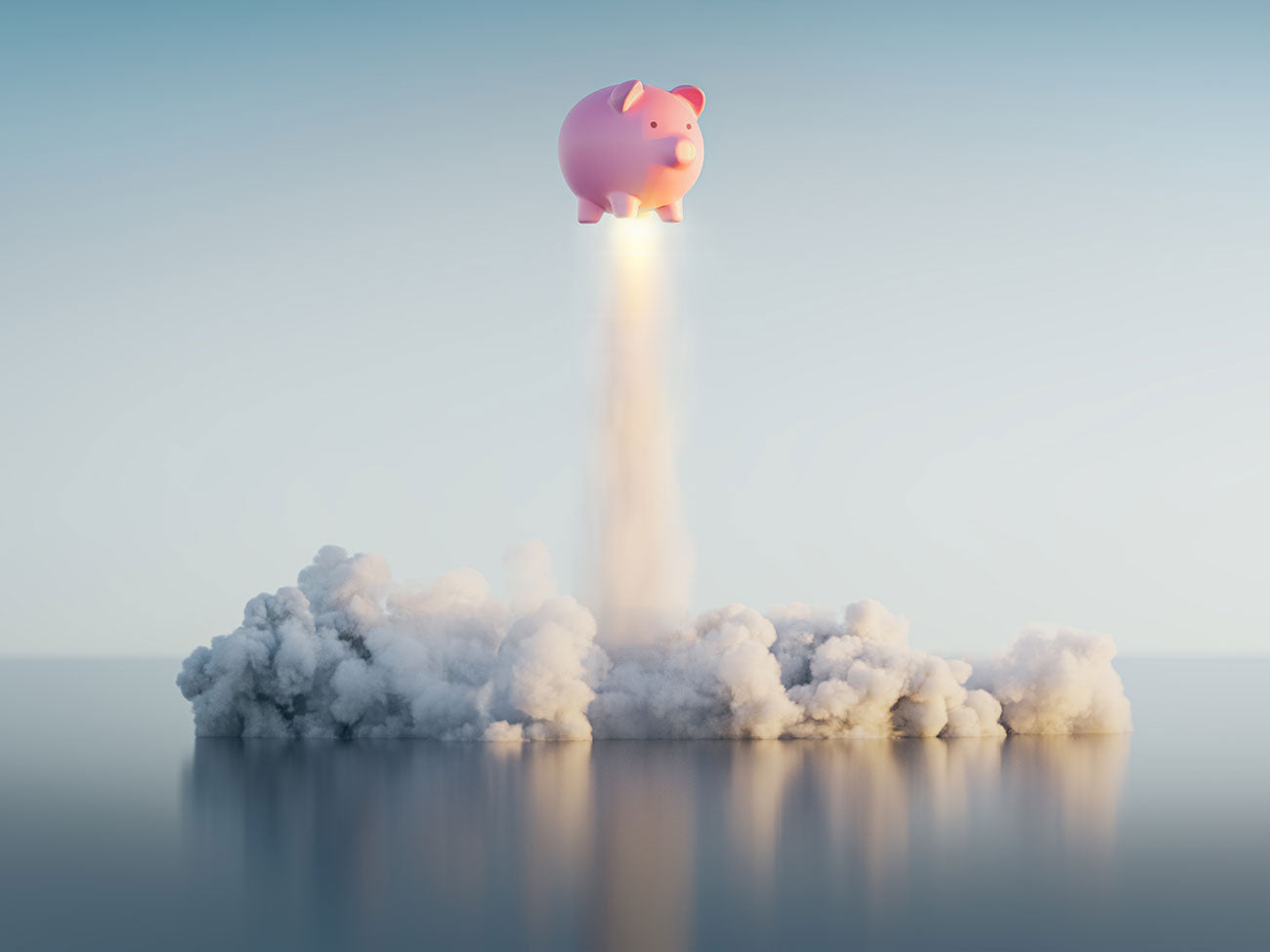 A pink piggy bank blasting off like a rocket out of the sea