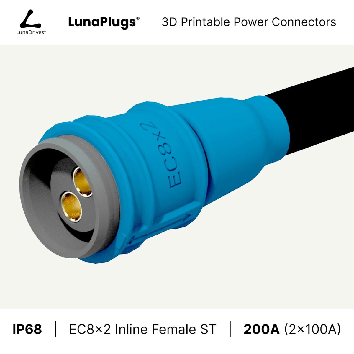 EC8x2 - 200 Amps, IP68 - Inline Female Connector - LunaDrives®