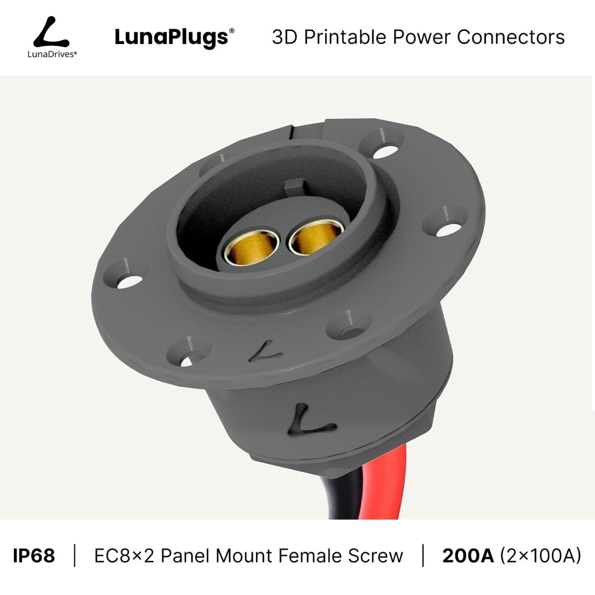 EC8x2 - 200 Amps, IP68 - Panel Mount Female - Glue and Screw Options Connector - LunaDrives®