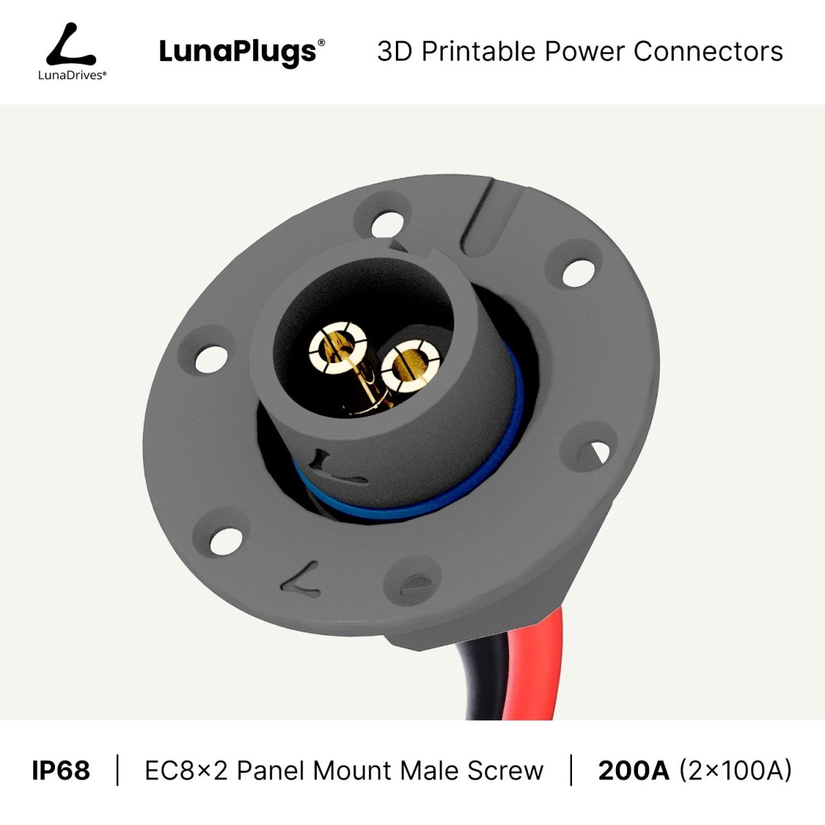 EC8x2 - 200 Amps, IP68 - Panel Mount Male - Glue and Screw Options Connector - LunaDrives®