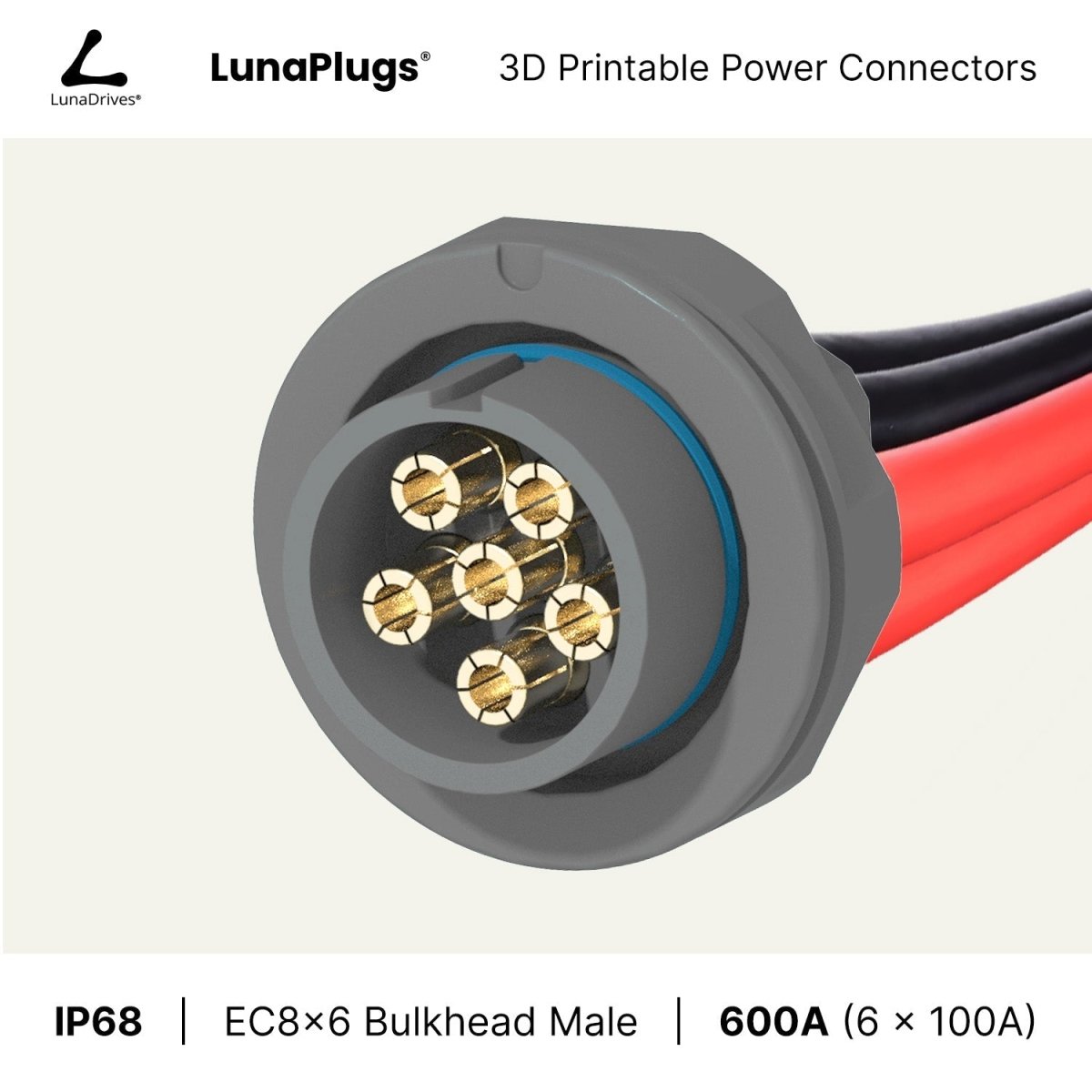 EC8x6 - 600 Amps, IP68 - Bulkhead Male Connector - LunaDrives®