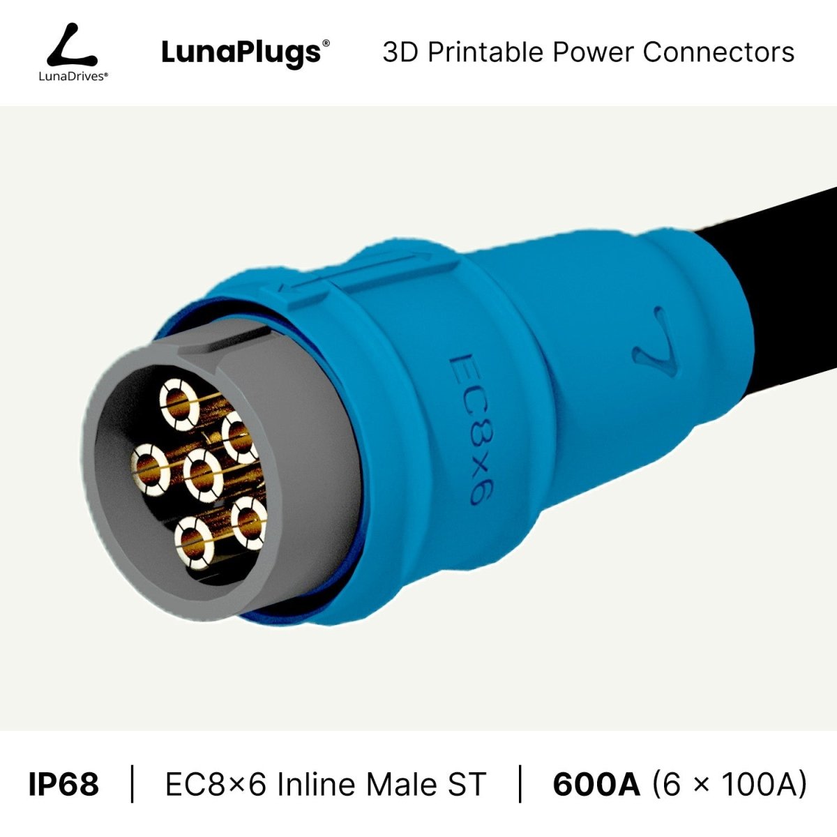 EC8x6 - 600 Amps, IP68 - Inline Male Connector - LunaDrives®