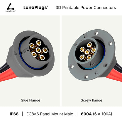 EC8x6 - 600 Amps, IP68 - Panel Mount Male - Glue and Screw Options Connector - LunaDrives®